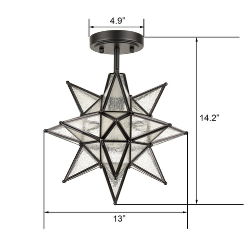 Black Moravian Star Ceiling Light Etched Glass Shade